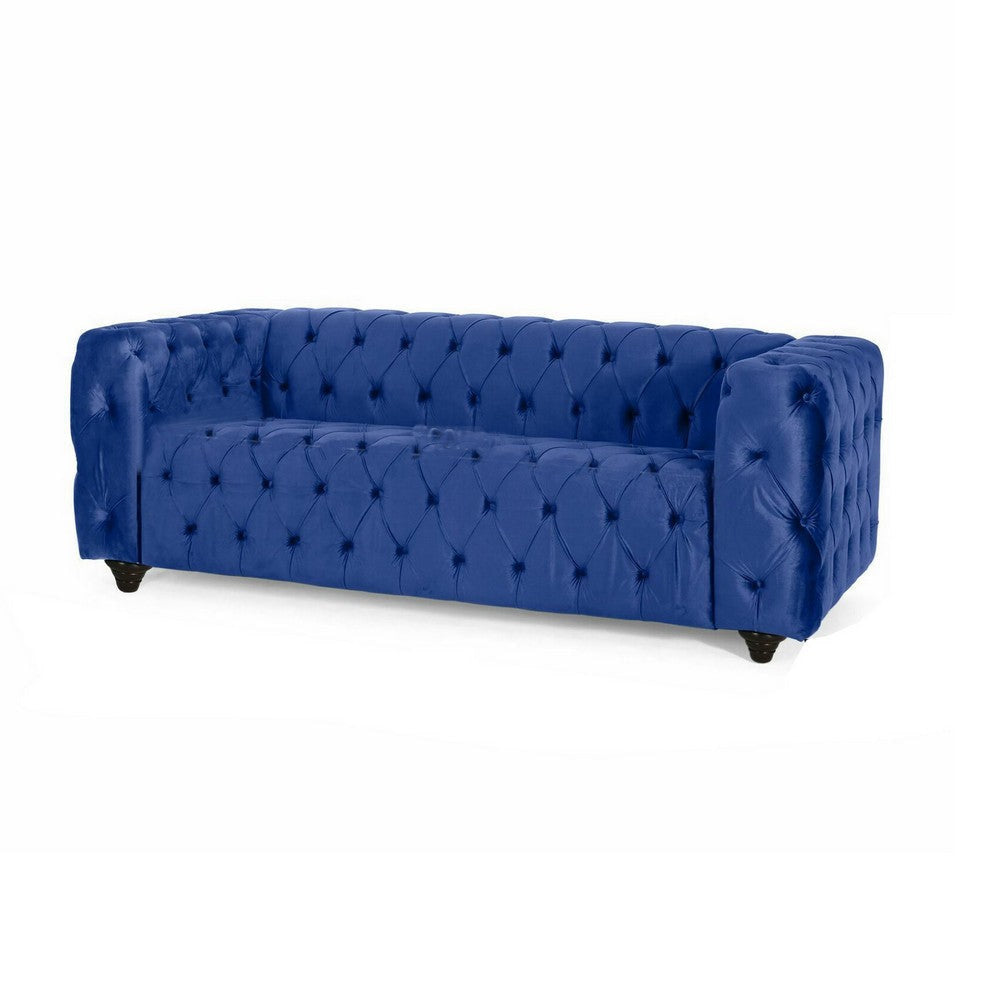 Arlo Sofa Chesterfield Tufted Blue Velvet Upholstery Black Wood 84 Inch By Casagear Home BM321157