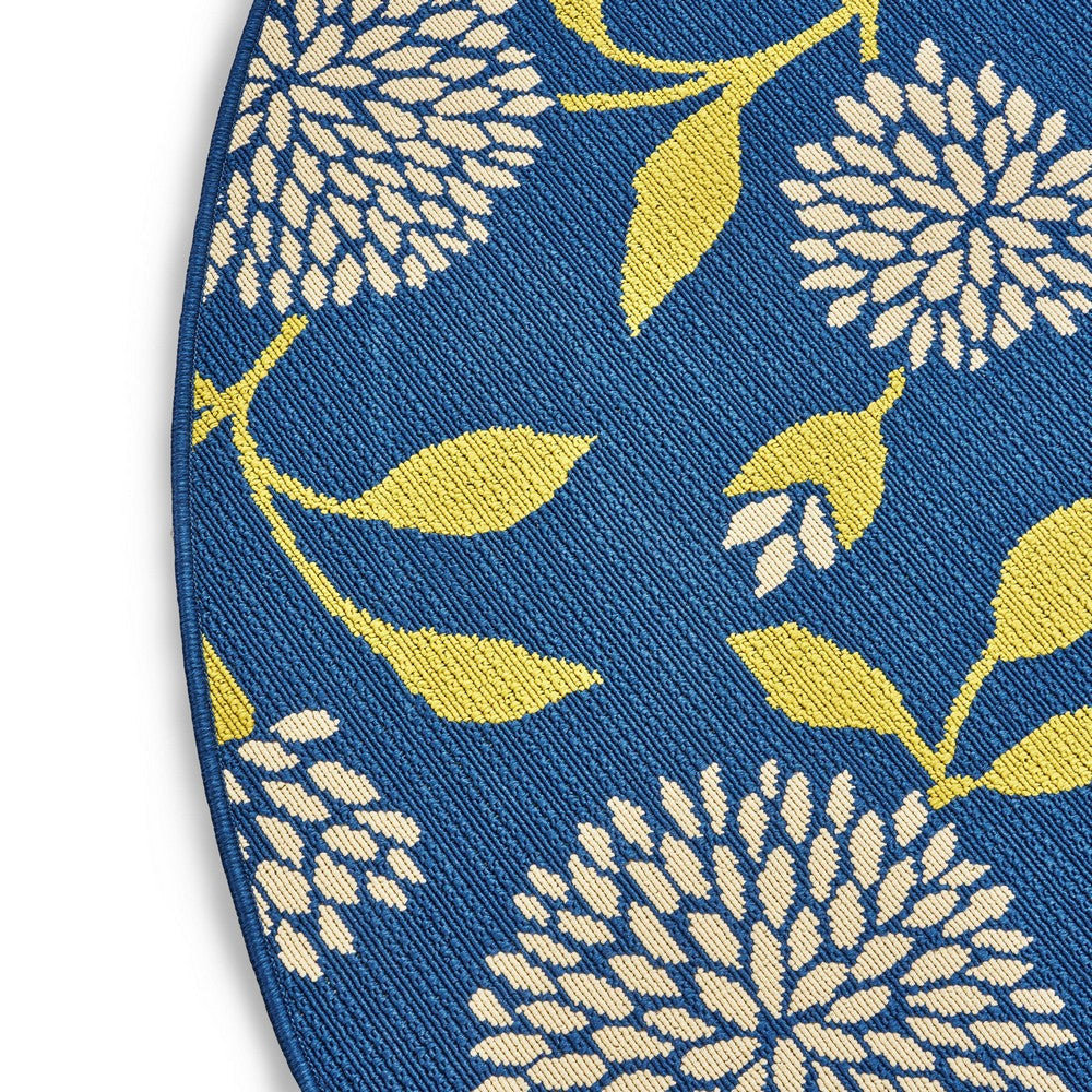 Ira Area Rug Round 8 x 8 Blue Indoor Outdoor White Yellow Floral Design By Casagear Home BM321214