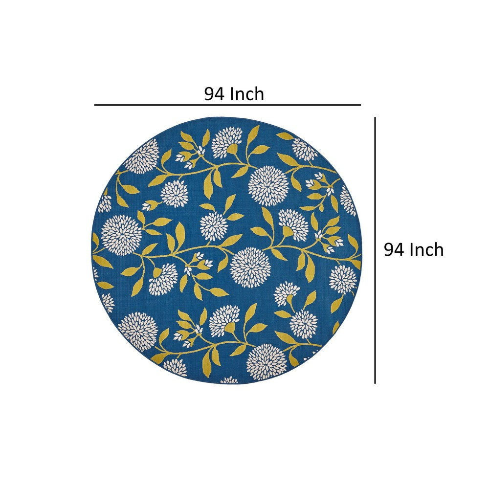 Ira Area Rug Round 8 x 8 Blue Indoor Outdoor White Yellow Floral Design By Casagear Home BM321214