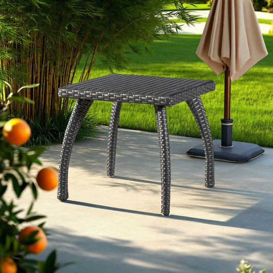 Honi Side End Table, Square 19 Inch, Gray Outdoor Rattan, Iron, Curved Legs By Casagear Home