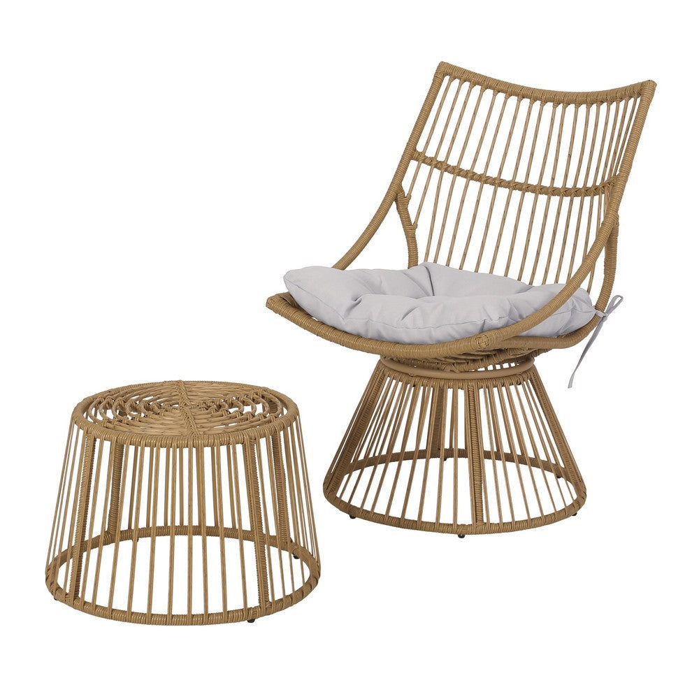 Laine 2 Piece Side Table and Chair Set, Light Brown Outdoor Faux Rattan By Casagear Home