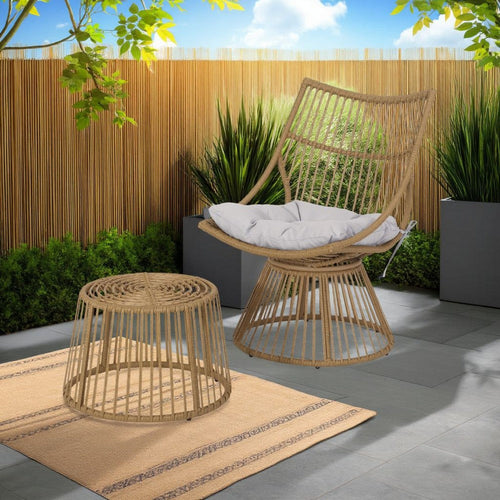 Laine 2 Piece Side Table and Chair Set, Light Brown Outdoor Faux Rattan By Casagear Home