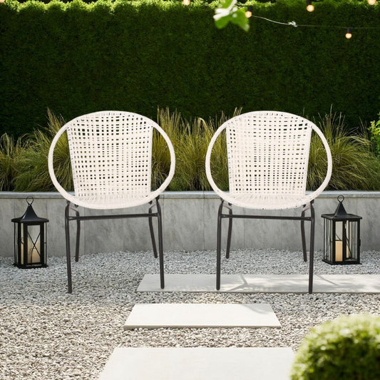 Linca Outdoor Side Chair, Set of 2, White Faux Rattan Seat, Black Iron By Casagear Home