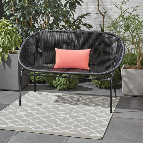 Remma Loveseat, Outdoor Rattan, Basket Woven, Black Iron Frame, 52 Inch By Casagear Home