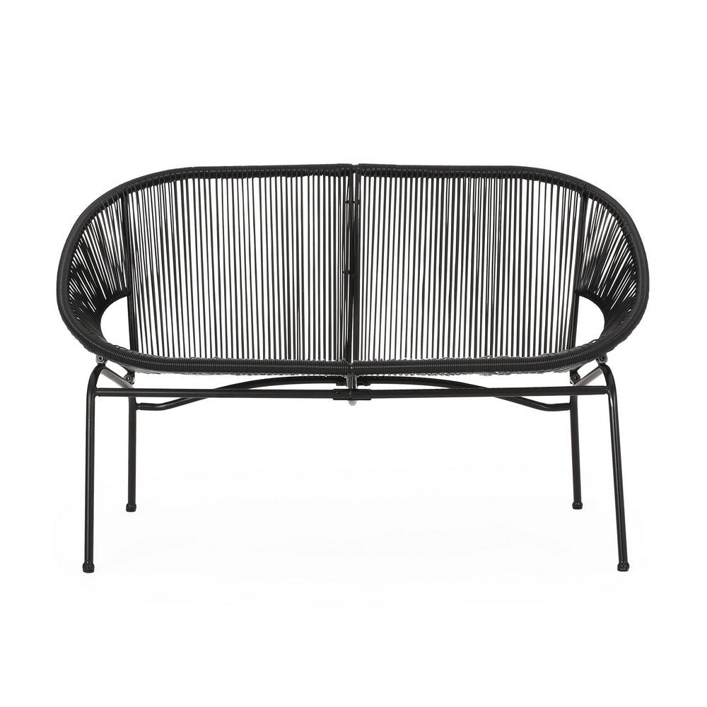 Remma Loveseat, Outdoor Rattan, Basket Woven, Black Iron Frame, 52 Inch By Casagear Home