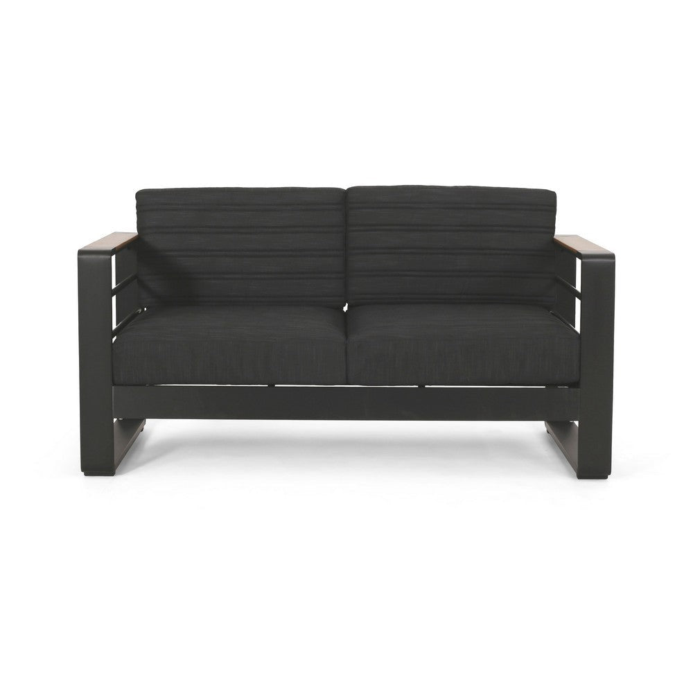 Vinia Loveseat, Outdoor Dark Gray Polyester, Wood Accents, Black, 57 Inch By Casagear Home