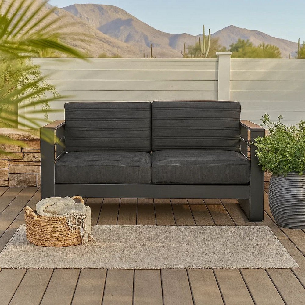 Vinia Loveseat, Outdoor Dark Gray Polyester, Wood Accents, Black, 57 Inch By Casagear Home