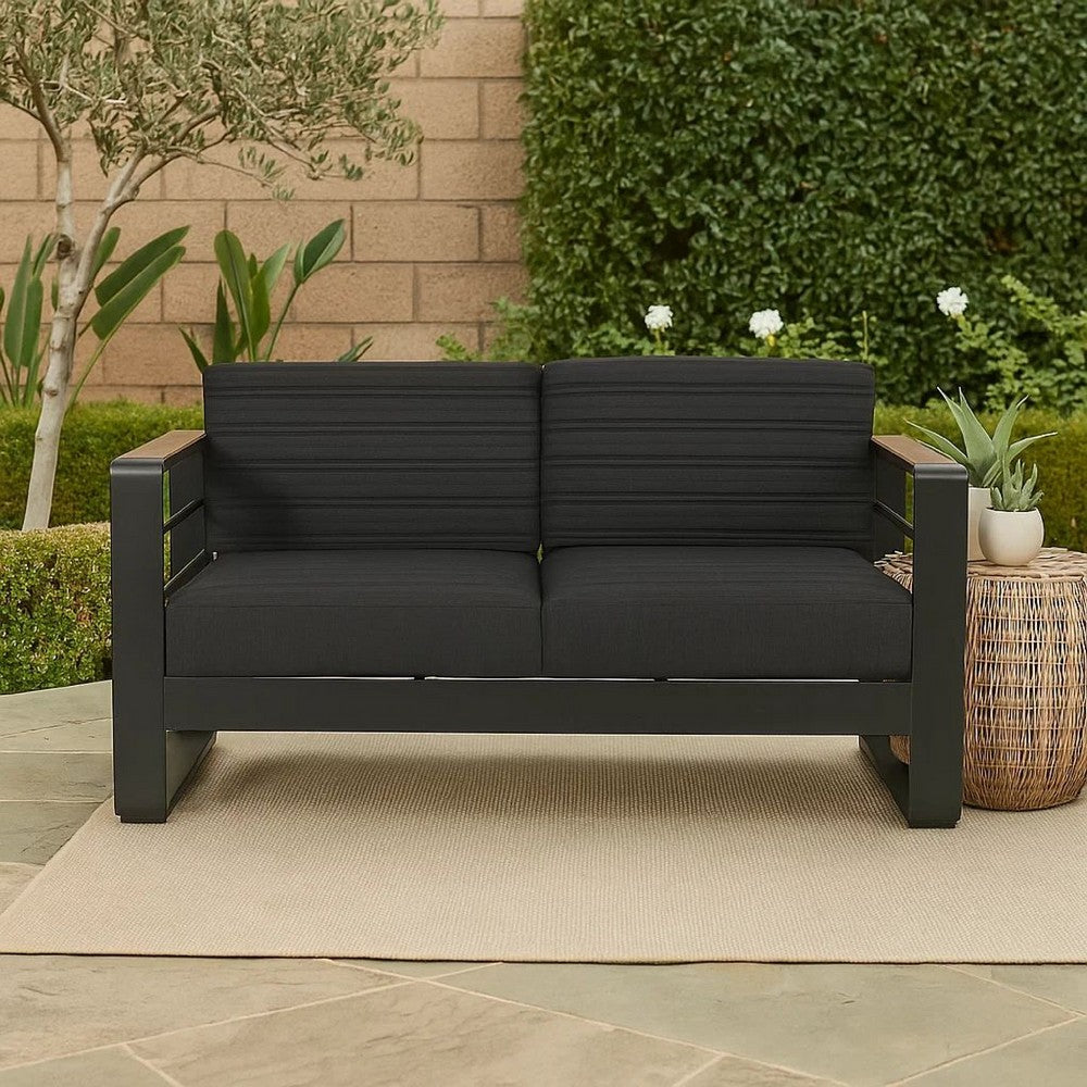 Vinia Loveseat, Outdoor Dark Gray Polyester, Wood Accents, Black, 57 Inch By Casagear Home