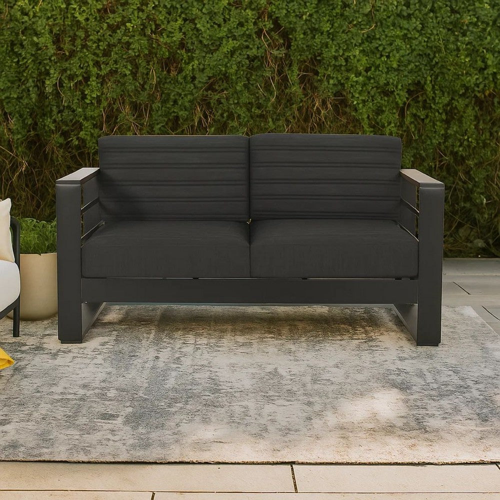 Vinia Loveseat, Outdoor Dark Gray Polyester, Wood Accents, Black, 57 Inch By Casagear Home