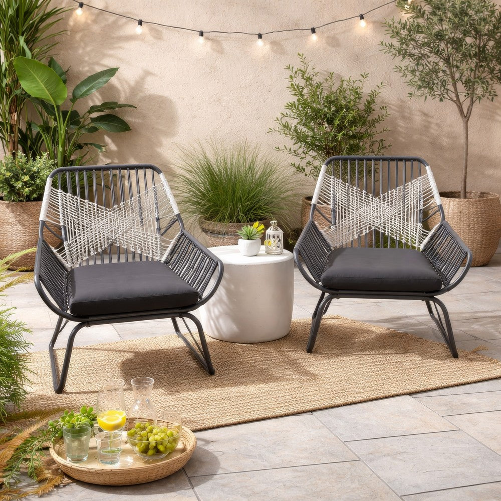 Ciao Accent Club Chair Set of 2, Outdoor Gray Cushions, Gray Rope and Steel By Casagear Home