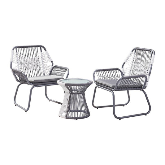 Ciao 3 Piece Outdoor Set, 2 Chairs, 1 Table, Gray Woven Rope and Steel By Casagear Home