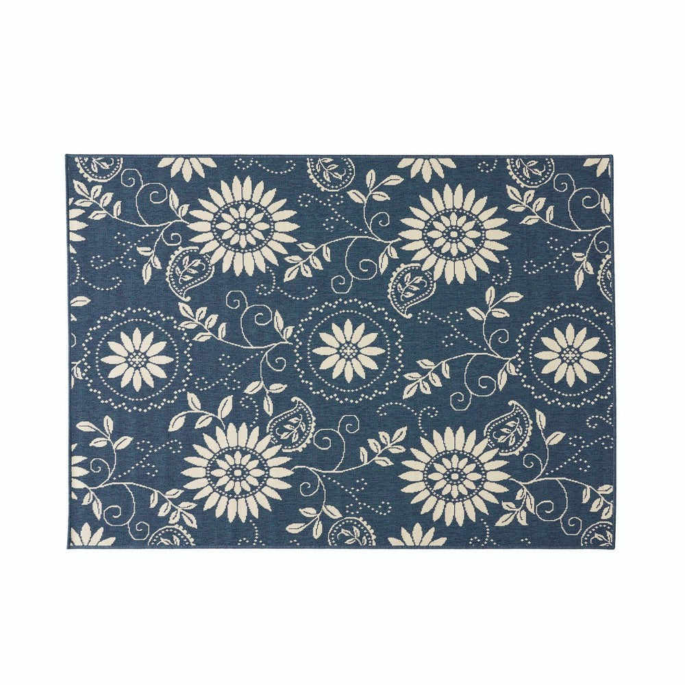 Dian Area Rug, 5 x 7, Power Loom, Ivory Blue Floral Details, Indoor Outdoor By Casagear Home