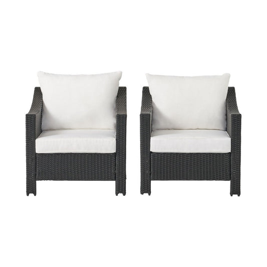 Annie Outdoor Armchair Set of 2, White Fabric, Gray PE Rattan Wicker, Iron By Casagear Home