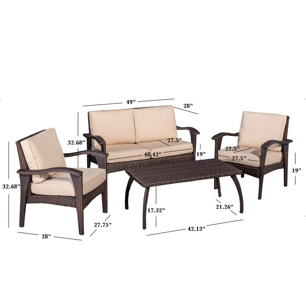 Honi 4pc Outdoor Table Set, 2 Accent Chairs 1 Loveseat, Brown Rattan, Iron By Casagear Home