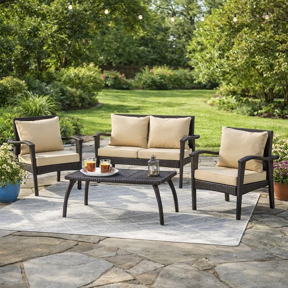 Honi 4pc Outdoor Table Set, 2 Accent Chairs 1 Loveseat, Brown Rattan, Iron By Casagear Home