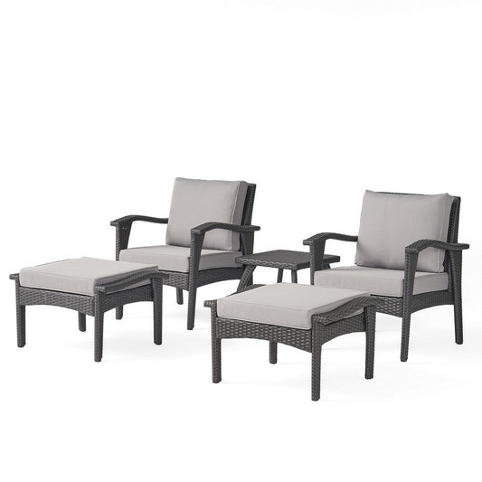 Honi 5pc Outdoor Chair Set with 2 Ottomans, Side Table, Gray, Brown Rattan By Casagear Home