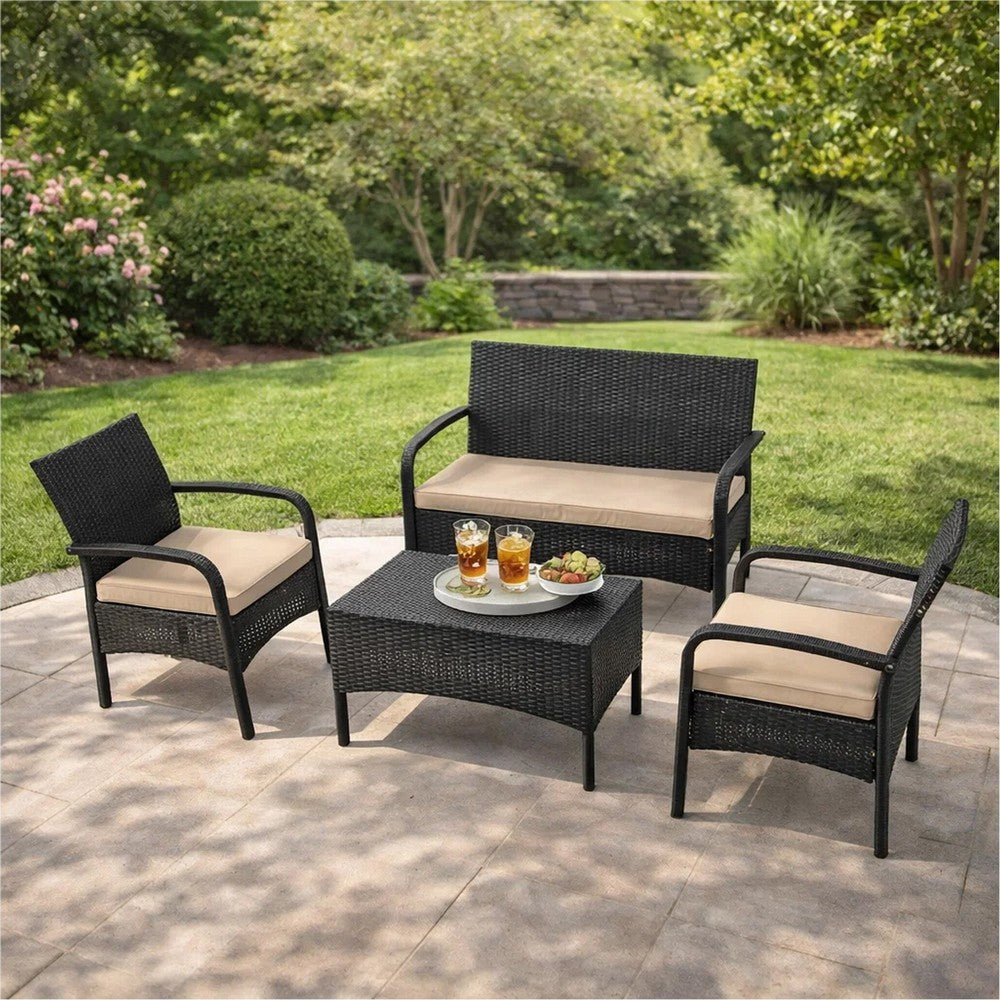 Orry 4pc Outdoor Table Set, 1 Loveseat, 2 Accent Chairs, Tan, Brown Rattan By Casagear Home