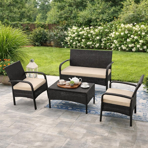 Orry 4pc Outdoor Table Set, 1 Loveseat, 2 Accent Chairs, Tan, Brown Rattan By Casagear Home