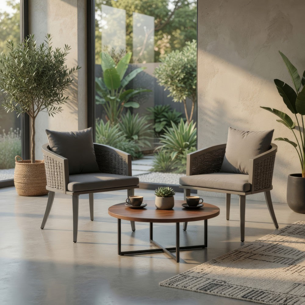 Ruble Accent Chair Set of 2, Gray Waterproof Fabric, Outdoor Rattan, Iron By Casagear Home