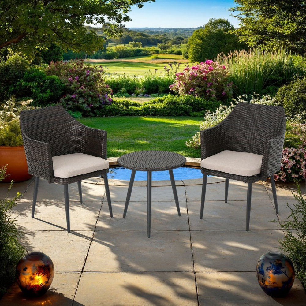 Kenny 3pc Outdoor Accent Chair Set, 1 Table, White, Brown Rattan, Iron By Casagear Home