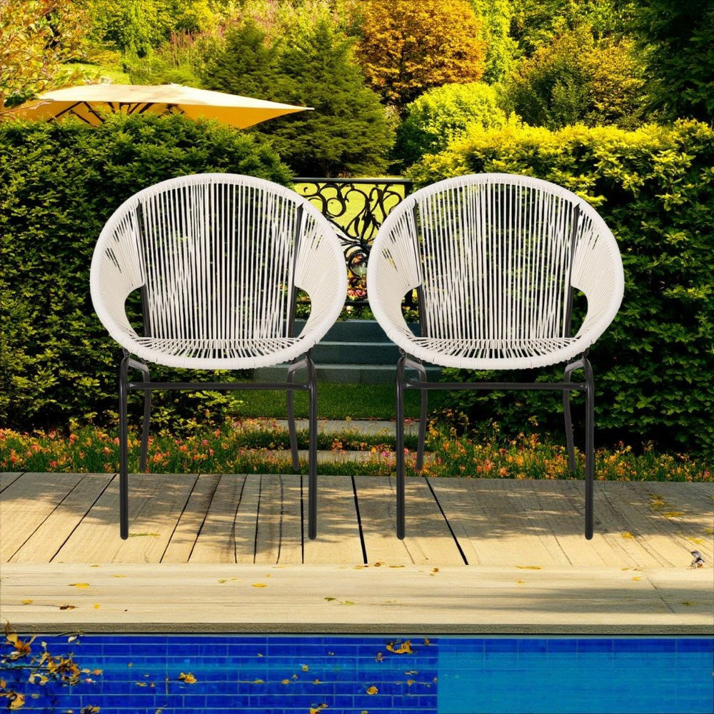 Sanu Outdoor Accent Chair Set of 2 White PE Rattan Black Iron Round Back By Casagear Home BM321333