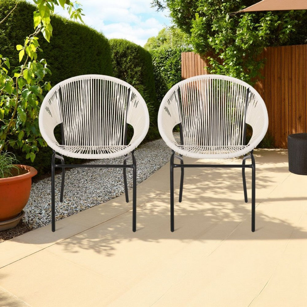 Sanu Outdoor Accent Chair Set of 2, White PE Rattan, Black Iron, Round Back By Casagear Home