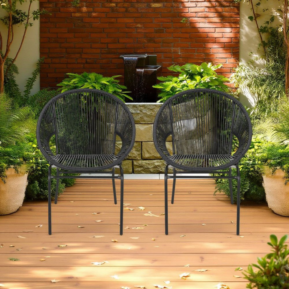 Sanu Outdoor Accent Chair Set of 2, PE Rattan, Black Iron, Round Backrests By Casagear Home