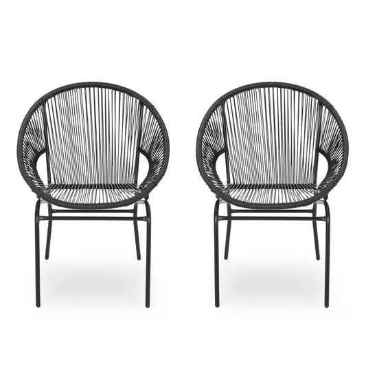 Sanu Outdoor Accent Chair Set of 2, PE Rattan, Black Iron, Round Backrests By Casagear Home