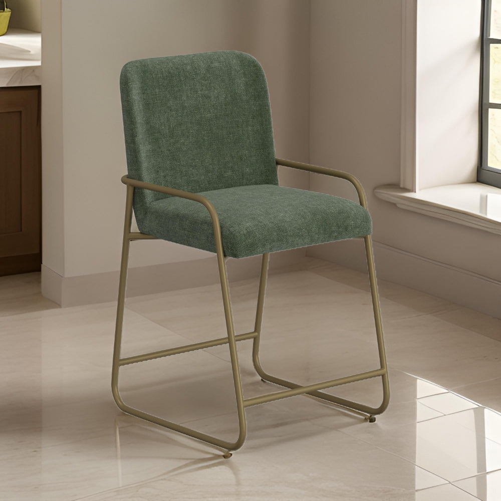 Suze Counter Height Chair, Arch Back, Gold Iron, Olive Green Polyester  By Casagear Home