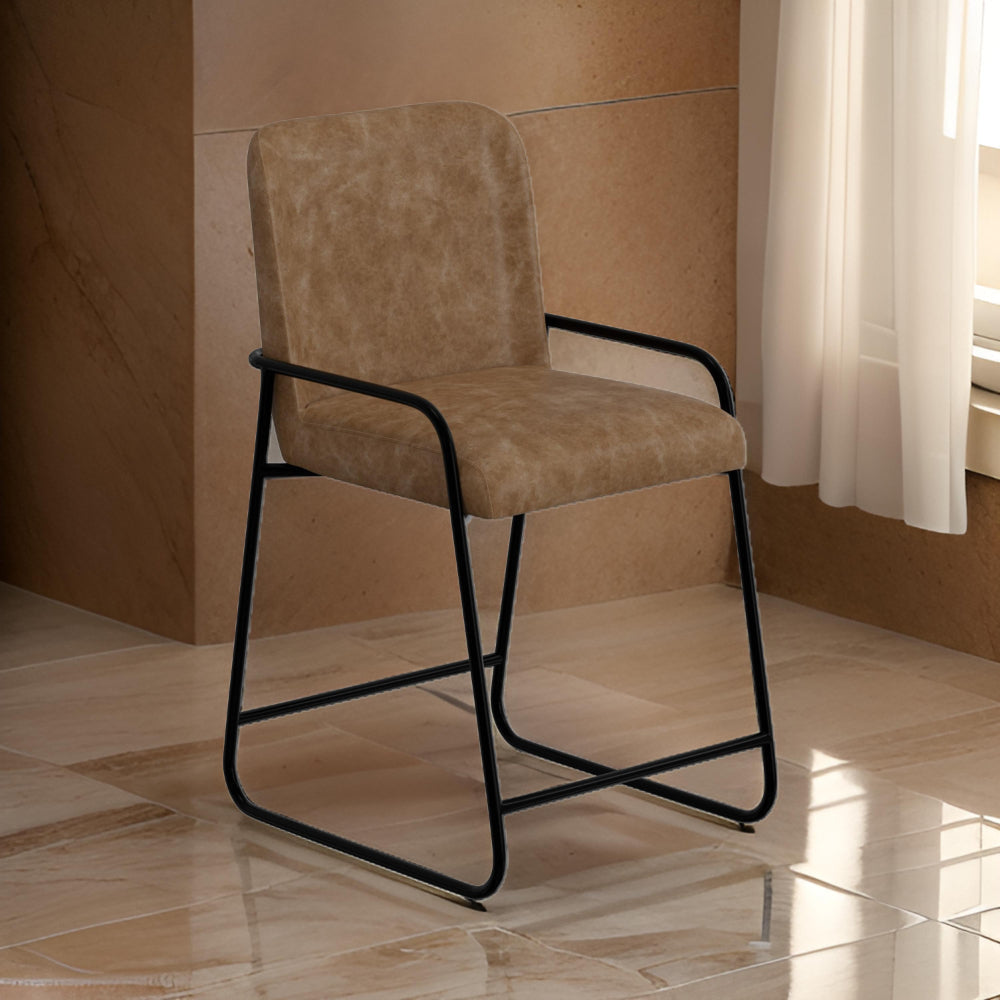 Suze Counter Height Chair, Arched Back, Black, Cognac Brown Faux Leather By Casagear Home