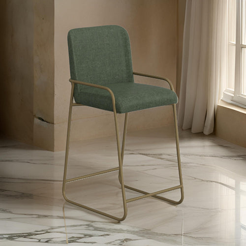 Suze Barstool Chair with Arched Back, Gold Iron, Olive Green Polyester  By Casagear Home