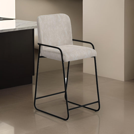 Suze Barstool Chair, Arched Black Iron Frame, Snow Gray Performance Fabric  By Casagear Home
