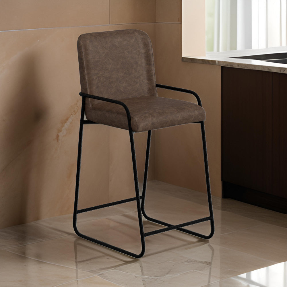 Suze Barstool Chair, Arched, Black Iron, Hickory Brown Performance Fabric  By Casagear Home