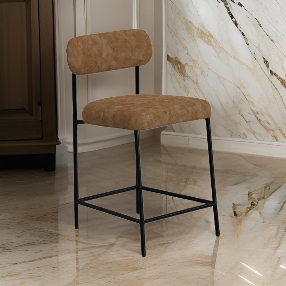 Iffa Counter Height Chair, Open Back, Black Iron, Cognac Brown Faux Leather By Casagear Home