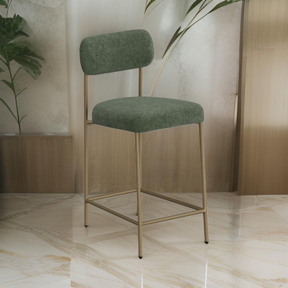 Iffa Barstool Chair, Open Back, Black Iron Gold, Olive Green Polyester By Casagear Home