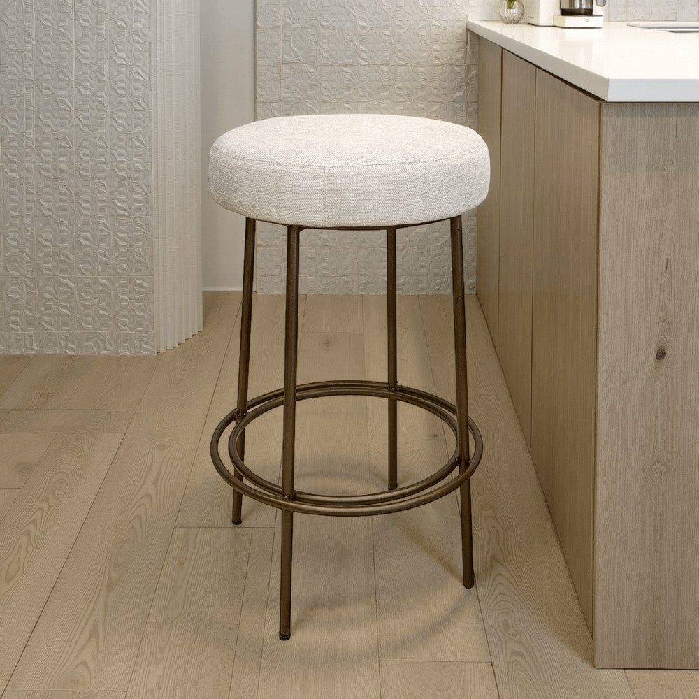 Tomy Barstool, Round Seat, Blacksmith Gold Metal Frame, Beige Polyester By Casagear Home