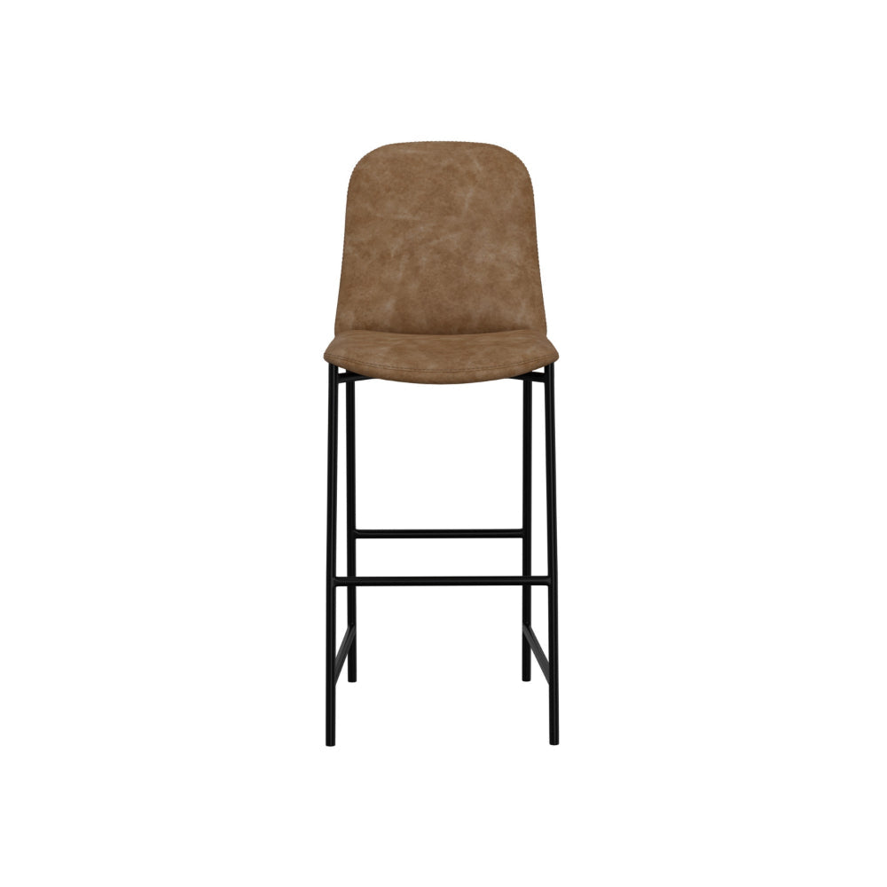 Revee Barstool Chair Black Iron Water-Resistant Cognac Brown Faux Leather By Casagear Home BM321513