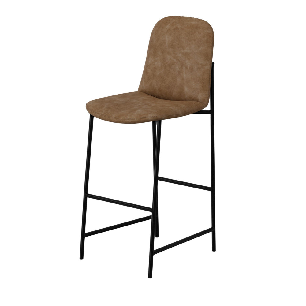 Revee Barstool Chair Black Iron Water-Resistant Cognac Brown Faux Leather By Casagear Home BM321513