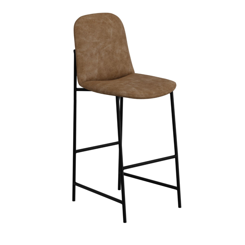 Revee Barstool Chair Black Iron Water-Resistant Cognac Brown Faux Leather By Casagear Home BM321513