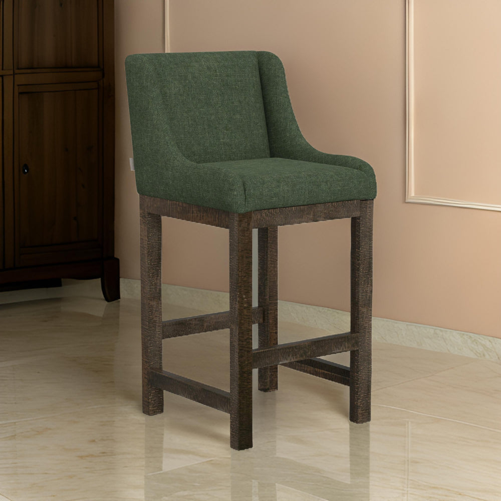 Lamy Barstool Chair, Curved Arms, Solid Pine Wood, Olive Green Polyester By Casagear Home