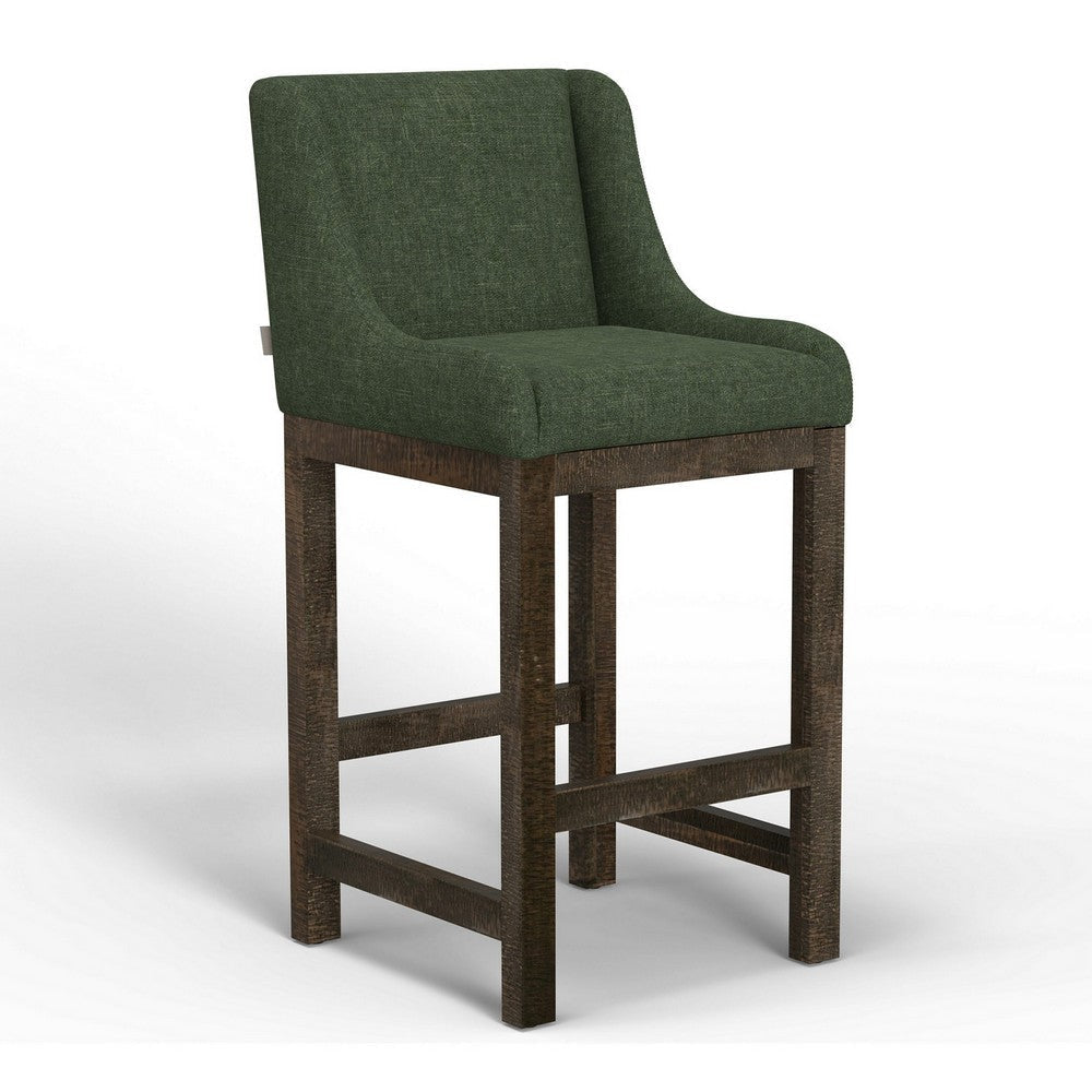 Lamy Barstool Chair, Curved Arms, Solid Pine Wood, Olive Green Polyester By Casagear Home