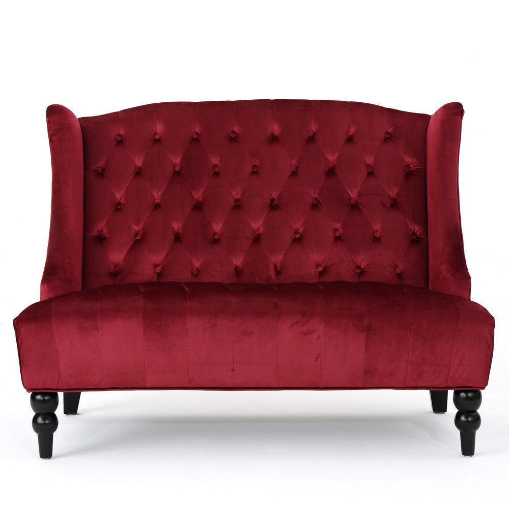 Lanny Loveseat Settee Wingback Bench Bench 50 Inch Tufted Wine Red Velvet By Casagear Home BM321554