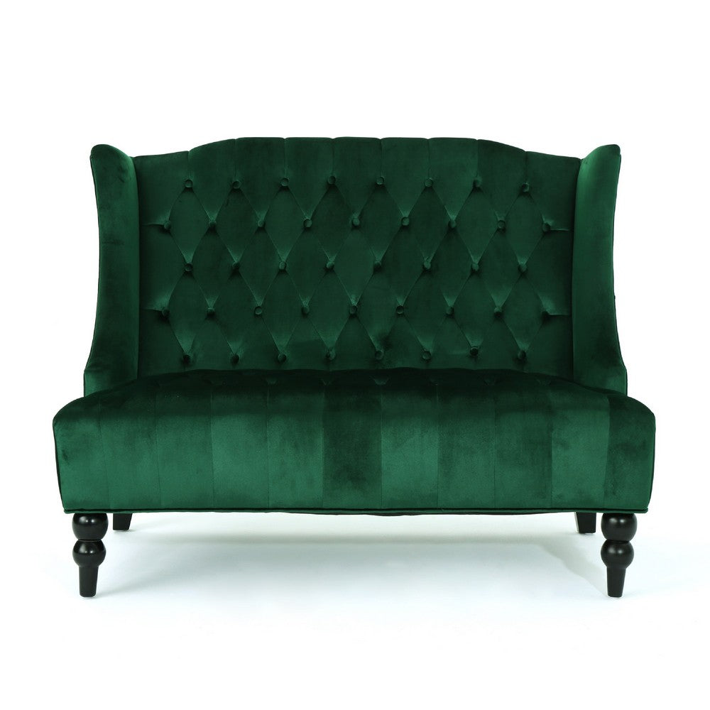 Lanny Loveseat Settee, Wingback Bench 50 Inch Wood, Tufted Green Velvet By Casagear Home