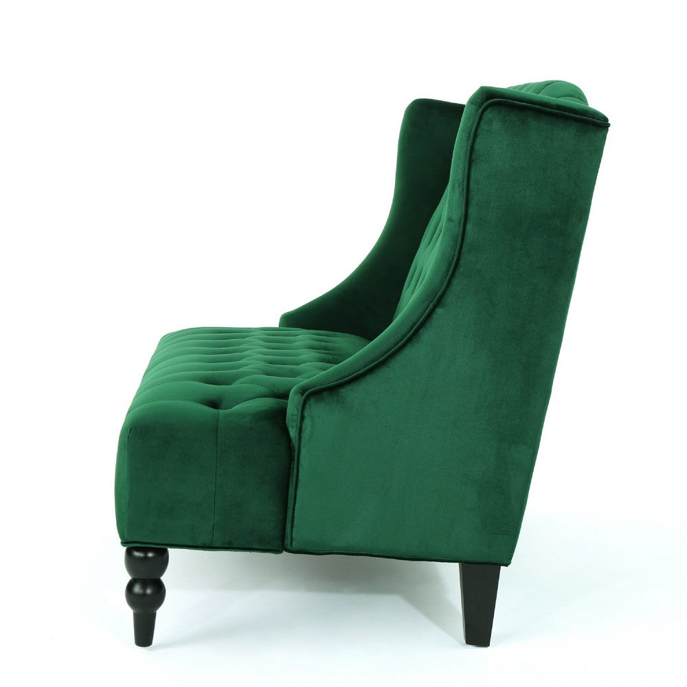 Lanny Loveseat Settee, Wingback Bench 50 Inch Wood, Tufted Green Velvet By Casagear Home