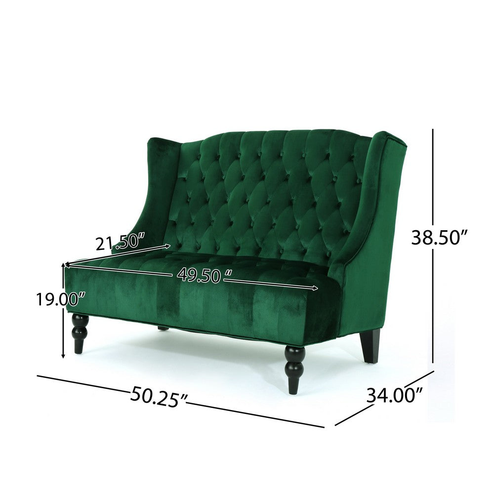 Lanny Loveseat Settee, Wingback Bench 50 Inch Wood, Tufted Green Velvet By Casagear Home