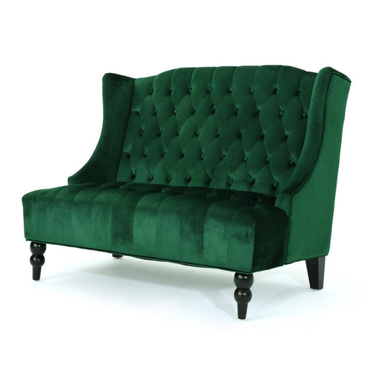 Lanny Loveseat Settee, Wingback Bench 50 Inch Wood, Tufted Green Velvet By Casagear Home