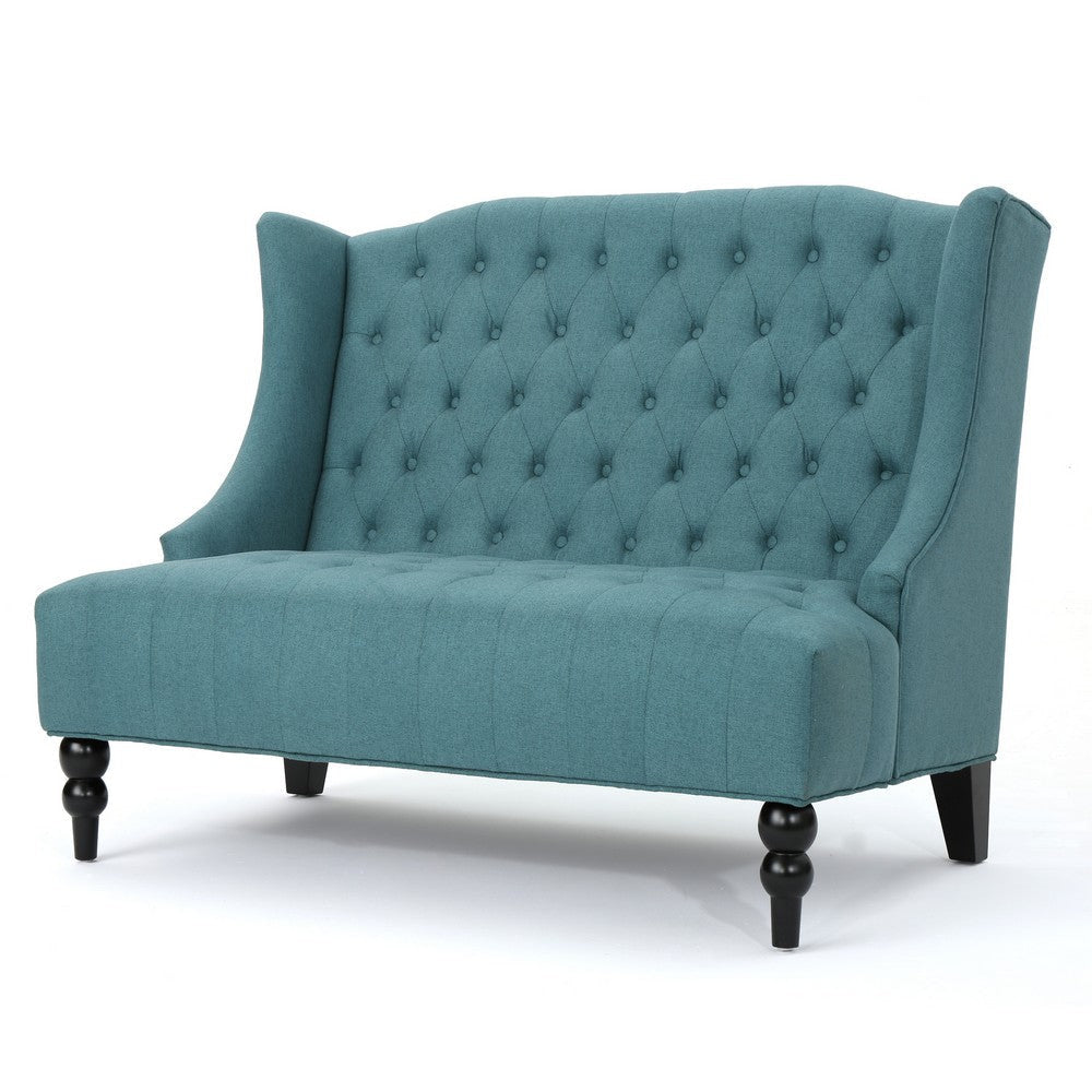 Lanny Loveseat Settee, Wingback Bench 50 Inch Wood, Tufted Teal Velvet By Casagear Home