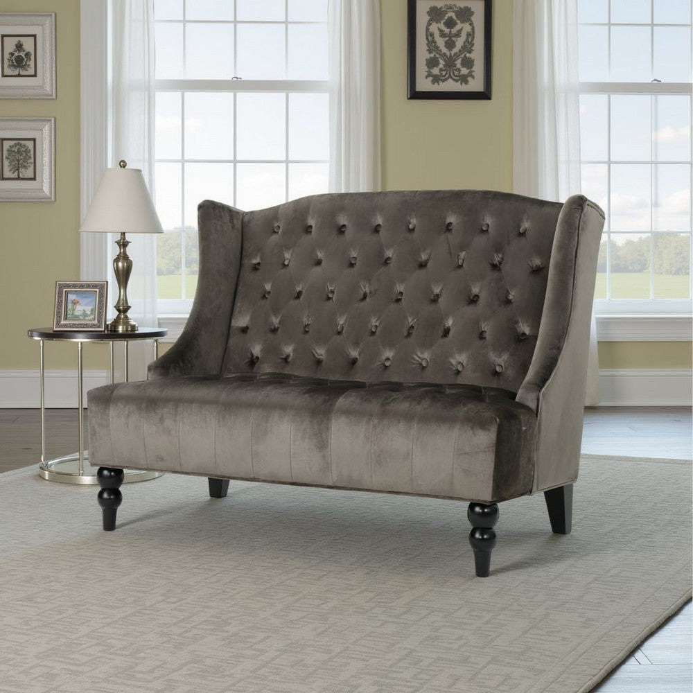 Lanny Loveseat Settee, Wingback Bench 50 Inch Wood, Tufted Gray Velvet By Casagear Home