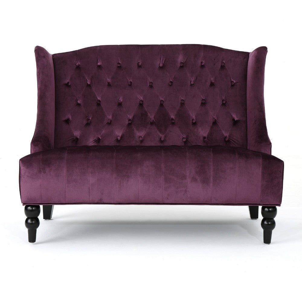 Lanny Loveseat Settee, Wingback Bench 50 Inch Wood, Tufted Purple Velvet By Casagear Home