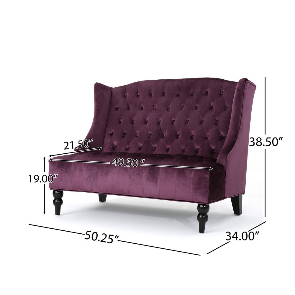 Lanny Loveseat Settee, Wingback Bench 50 Inch Wood, Tufted Purple Velvet By Casagear Home